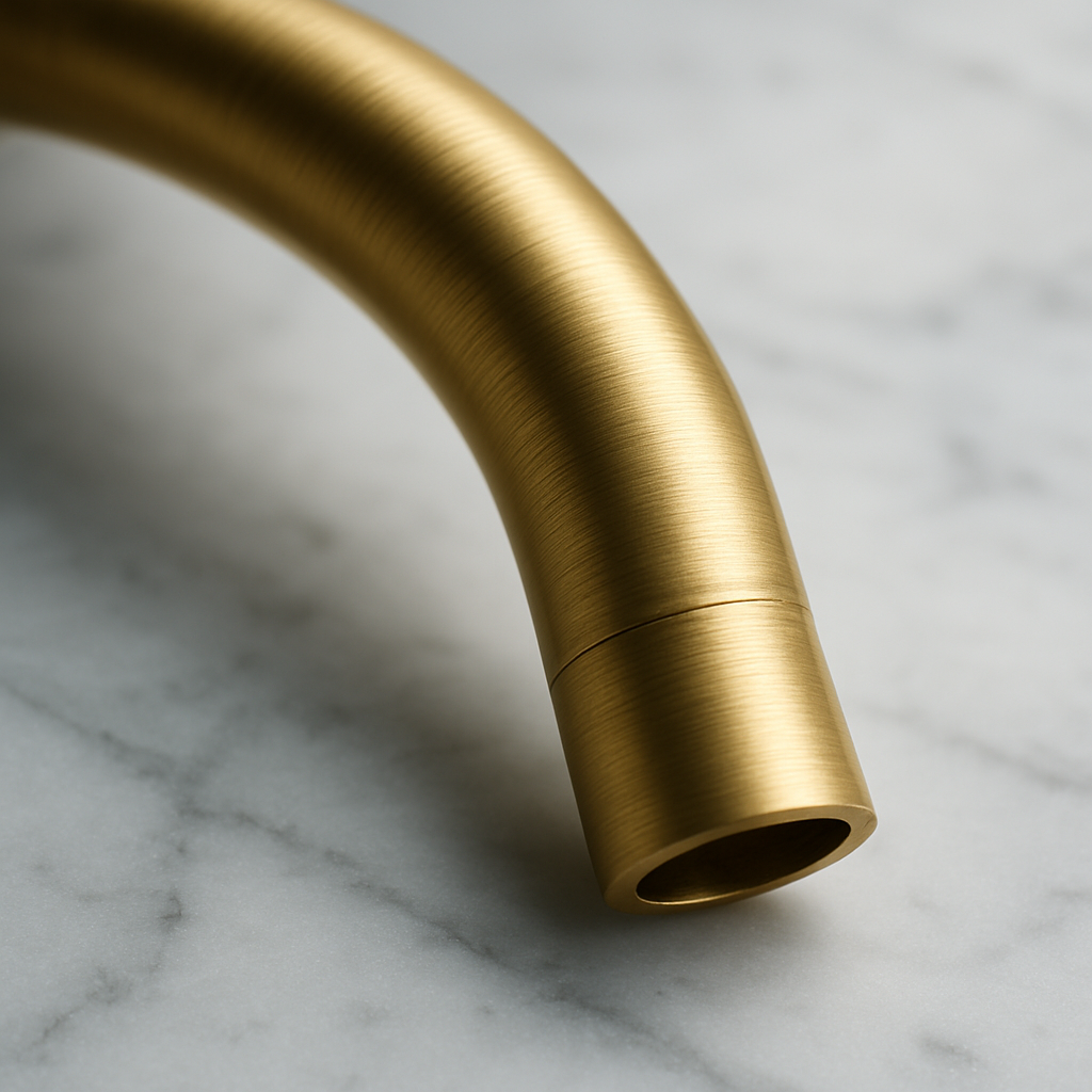 Macro detail of a brushed brass spout resting on honed Carrara marble, showing the fine brushed metal texture