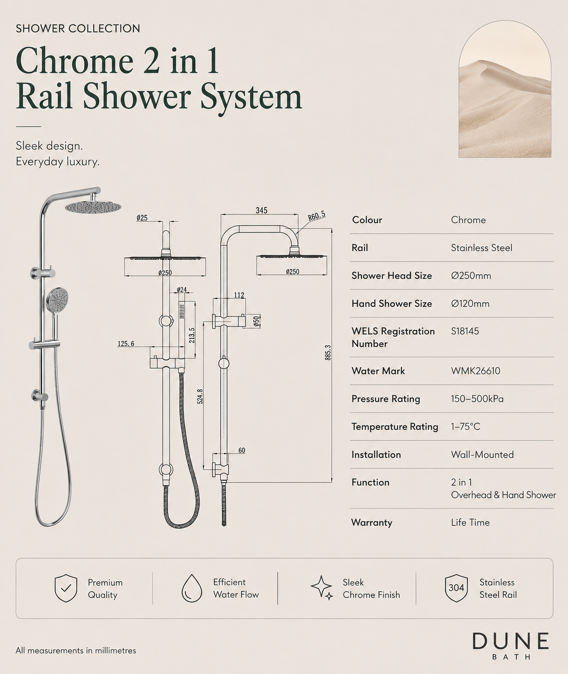 Chrome 2 In 1 Rail Shower System D10217 view 2
